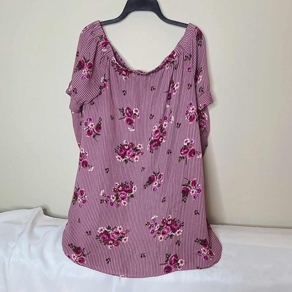 Pink Off-the-Shoulder Allover Floral Stripe Dress